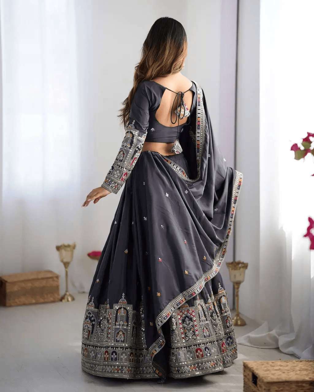 Women's Crepe Silk Sequence Embroidery and Zari Work Rajsthani Lehenga Choli with Dupatta - Image 5